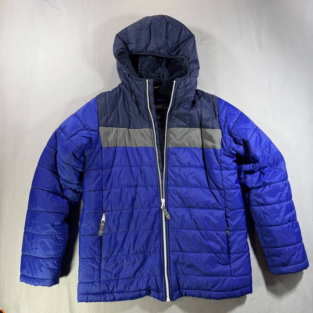 Lands End Puffer Jacket Large Kids 14-16 Blue Sherpa Lined Hooded Colorblock